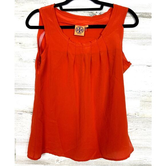 Tory Burch Womens 6 Orange Silk Sleeveless Pleated Designer Dress Blouse Top - Picture 2 of 6